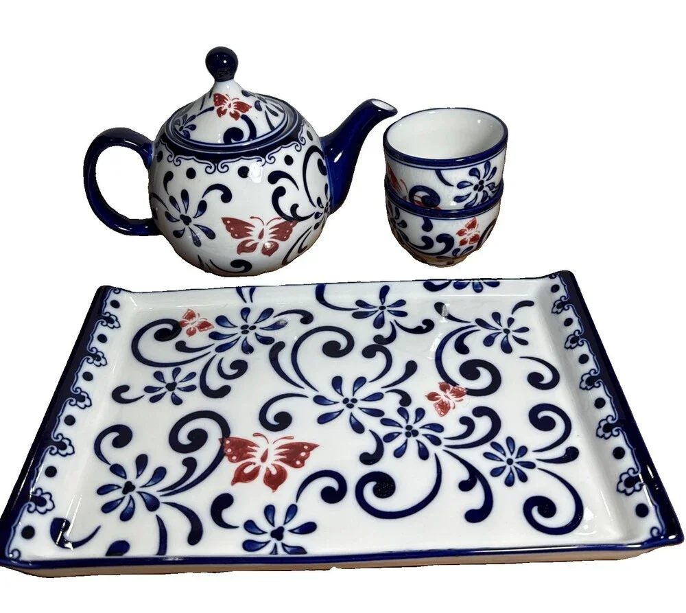 PIER 1 4 Pc HANDPAINTED PORCELAIN TEA Set Sandwich Tray Butterfly Blossom